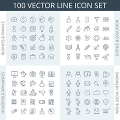 Vector thin line icon set. Business icons, education icons, financial icons, science icons, household appliances icons, kitchen icons, social networks icons, school icons. For infographics and web.