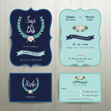 Navy Blue Wedding Invitation Card with Save the Date Set