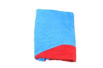 blue and red bathing baby towel on a white background