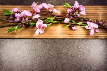 Branch with peach flowers and bamboo on flat stone background 