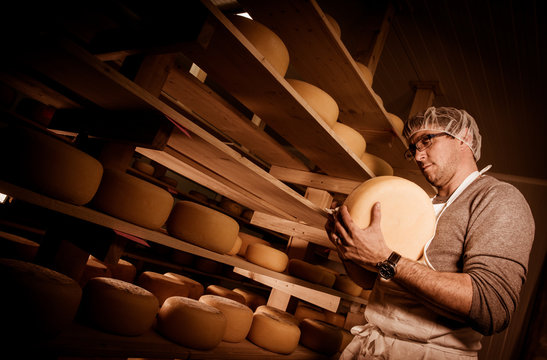 Cheese maker cleaning cheeses in his workshop