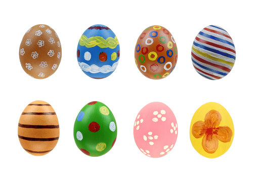 Set of eight easter eggs isolated on white background with clipping path for design happy easter day.