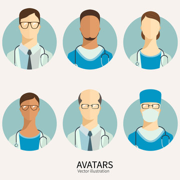 Icons in flat style. Doctors and medical staff.