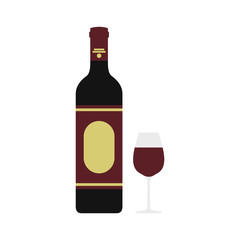 Red wine bottle and glass icon, flat style
