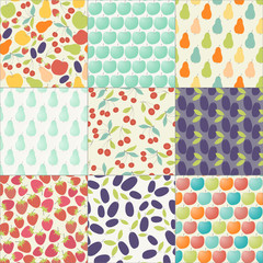 Set of nine colorful seamless patterns with fruits