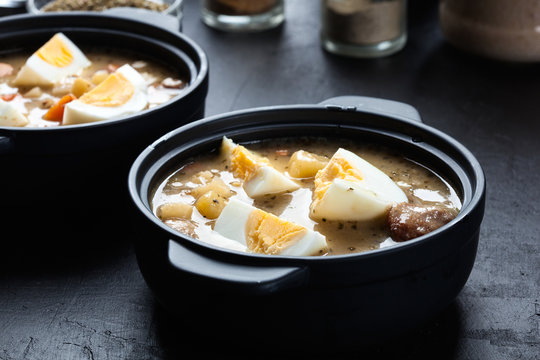 The sour soup made of rye flour with eggs