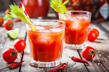Cocktail Bloody Mary with ice in glasses