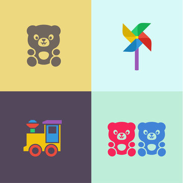 Children toy teddy bear and locomotive turntable flat icons illustrations logo
