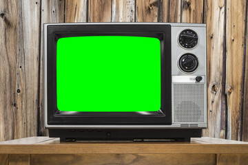 Analog Television with Wood Wall and Croma Key Green Screen