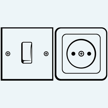 Single light switch and socket. Isolated on blue background. Vector silhouettes