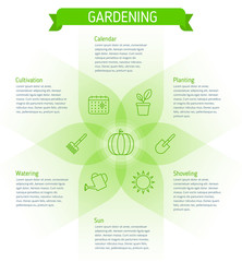 Infographic elements. Gardening flat line illustration concept. Components of harvest: planting, cultivation, shoveling, water, sun, calendar. Gardening tools and icons. © peart