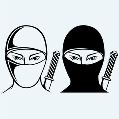Ninja assassin. Isolated on blue background. Vector silhouettes