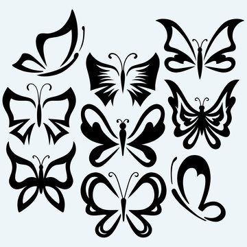 Set symbol butterflies. Isolated on blue background. Vector silhouettes