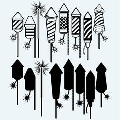 Rocket fireworks. Isolated on blue background. Vector silhouettes