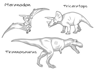 Thin line engraving style illustrations, various kinds of prehistoric dinosaurs, it includes pteranodon, tyrannosaurus t-rex, and triceratops.