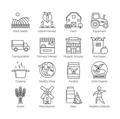 From farm to fork set of flat thin line vector icon illustrations. 