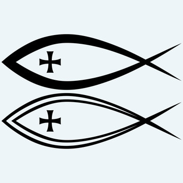 Christian fish symbol with cross. Isolated on blue background. Vector silhouettes