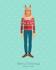 Deer Hipster in flat style. Holiday card design.