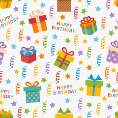 seamless pattern on the topic Happy Birthday with gift,star, streamers,celebratory text in flat style