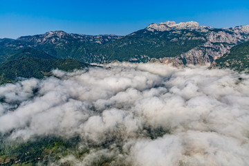 Cloudy weather view of the highest peaks of the mountain national park in southwestern Montenegro.