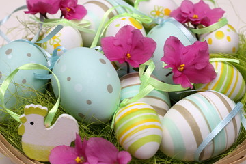 Decorated Easter eggs with pink flowers, detail