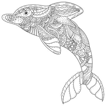 Zentangle stylized dolphin. adult anti stress Coloring Page