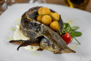 baked sturgeon with cheese balls, tomatoes, lettuce and sauce on a white plate