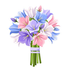 Vector bouquet of blue, purple, pink and white bluebell flowers isolated on a white background.