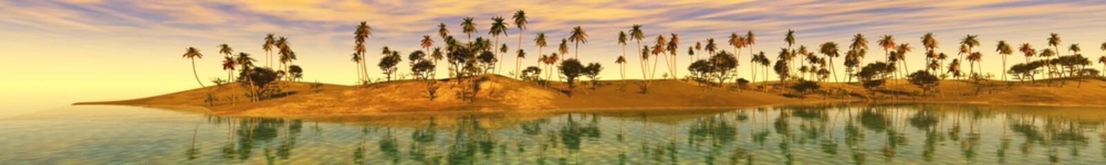 Panele Szklane Podświetlane  zachód słońca nad oceanem, wyspa na morzu, panoramiczny widok na zachód słońca w morzu, palmy na wyspie.
