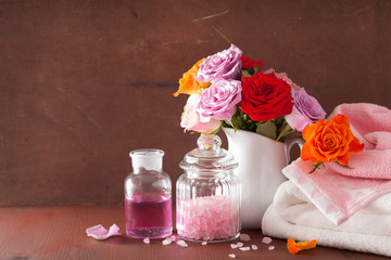 spa aromatherapy with rose flowers essential oil salt
