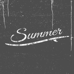 Summer logo or surfing logo with surfboard on grunge background, hand drawn brush script lettering poster