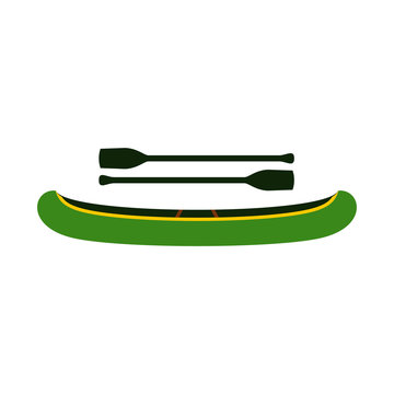 Green Kayak With Oars Icon, Flat Style 