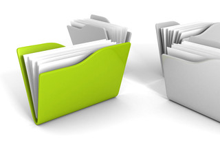 grey office folders with green one on white background