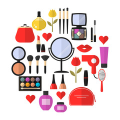 Cosmetic, Makeup and Beauty Vector flat Icons Set . Cosmetic products, makeup brushes, lipstick, perfume, eye makeup. Symbols for fashion, beauty salon or wellness centers. Women accessories.