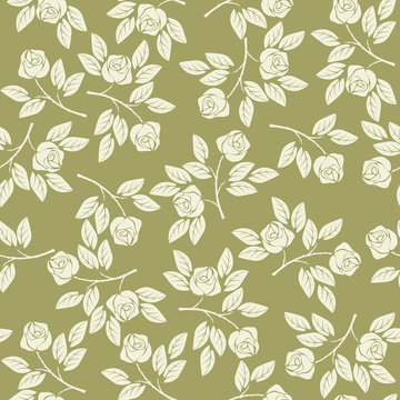 Seamless pattern with roses and leaves on green background