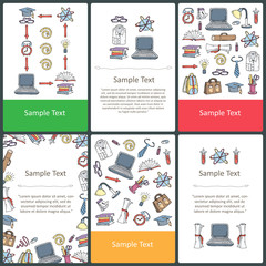 Vector set of colored cards with hand drawn symbols of education