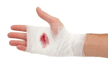 Hand tied bandage on a white background