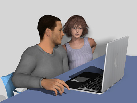 digitally generated illustration of a man and woman working on a laptop computer