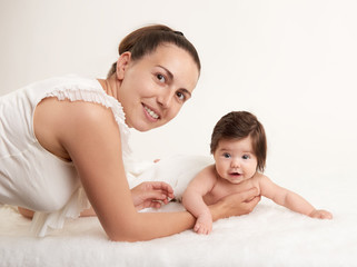 mother and baby portrait on white, health family and care concept