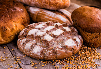 Different bread and bread slices. Food background.