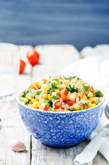 broccoli, corn, red pepper, green peas red and white rice