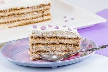 Slice of homemade cake made out of biscuits on a plate