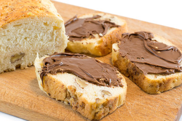 Chocolate cream on a homemade walnut bread