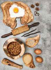 Ingredients and spices for dough. Utensils tools