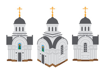 Set flat Orthodox churches, isolated on white background. 2d and 3d perspective view. Vector illustration EPS 10.