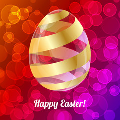 Vector glass and gold slice peel egg with lettering Happy Easter on bokeh background. Vector EPS 10.