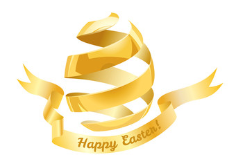 Vector gold slice peel egg with banner and lettering Happy Easter, Isolated on white background. Vector EPS 10.
