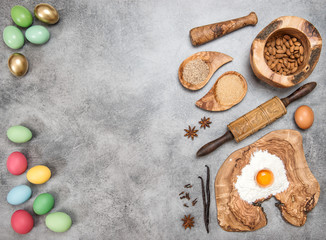 Fototapeta na wymiar Easter baking. Eggs, flour, sugar. Holidays decoration