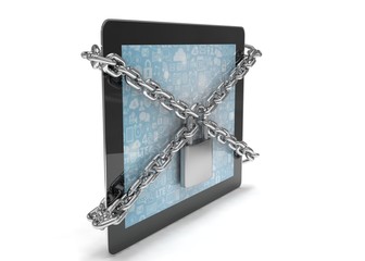 tablet PC with chains and lock isolated on white background
