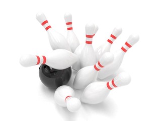 Bowling ball and skittles isolated
